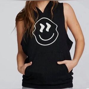 Chaser Linen French Terry Smiley Face Hoodie in True Black